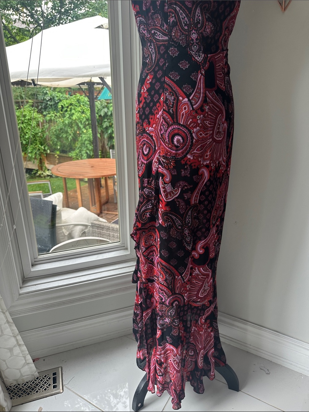 VINTAGE 90s Y2K V-Neck Black Pink Paisley Flutter-Sleeve Ruffle Hem Size 4 - Picture 8 of 15